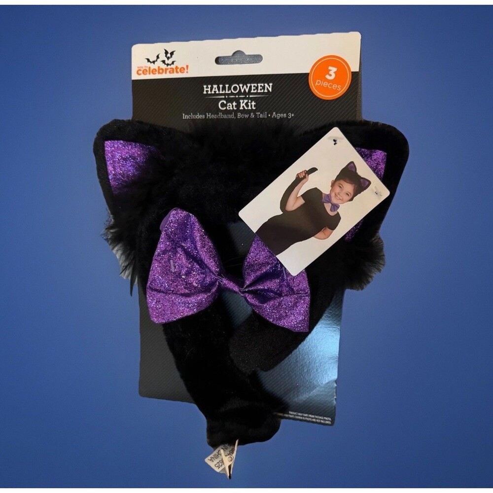 Halloween Kids Cat Kit 3-piece~Purple Sparkle BowTie~Tail~Ears Costume Accessory